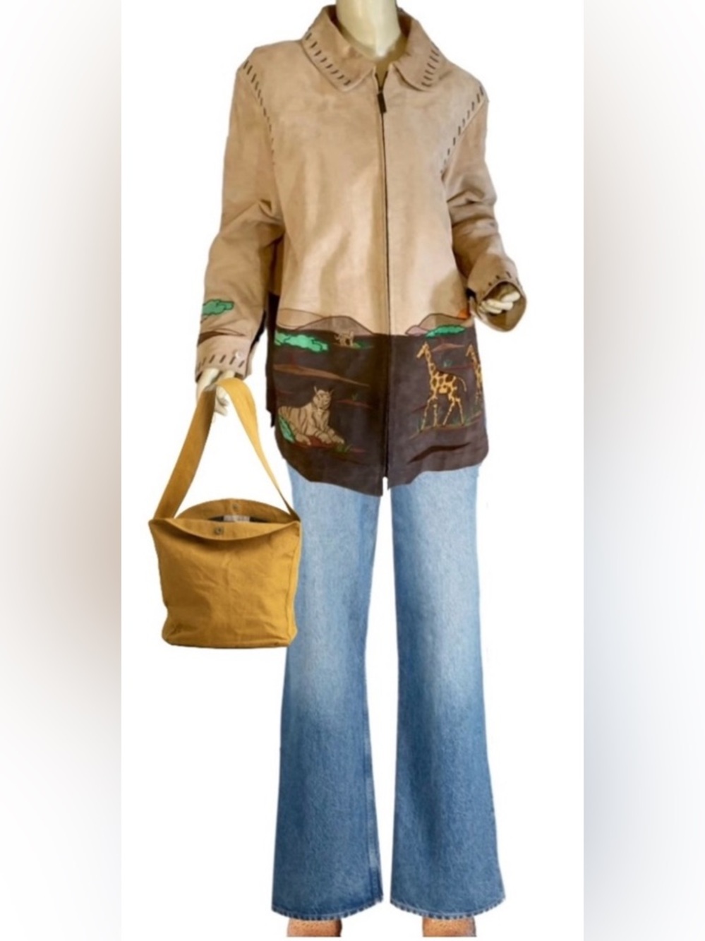 QUACKER FACTORY BROWN VINTAGE 1990'S EMBROIDERED "SAFARI" SUEDE JACKET (L)
